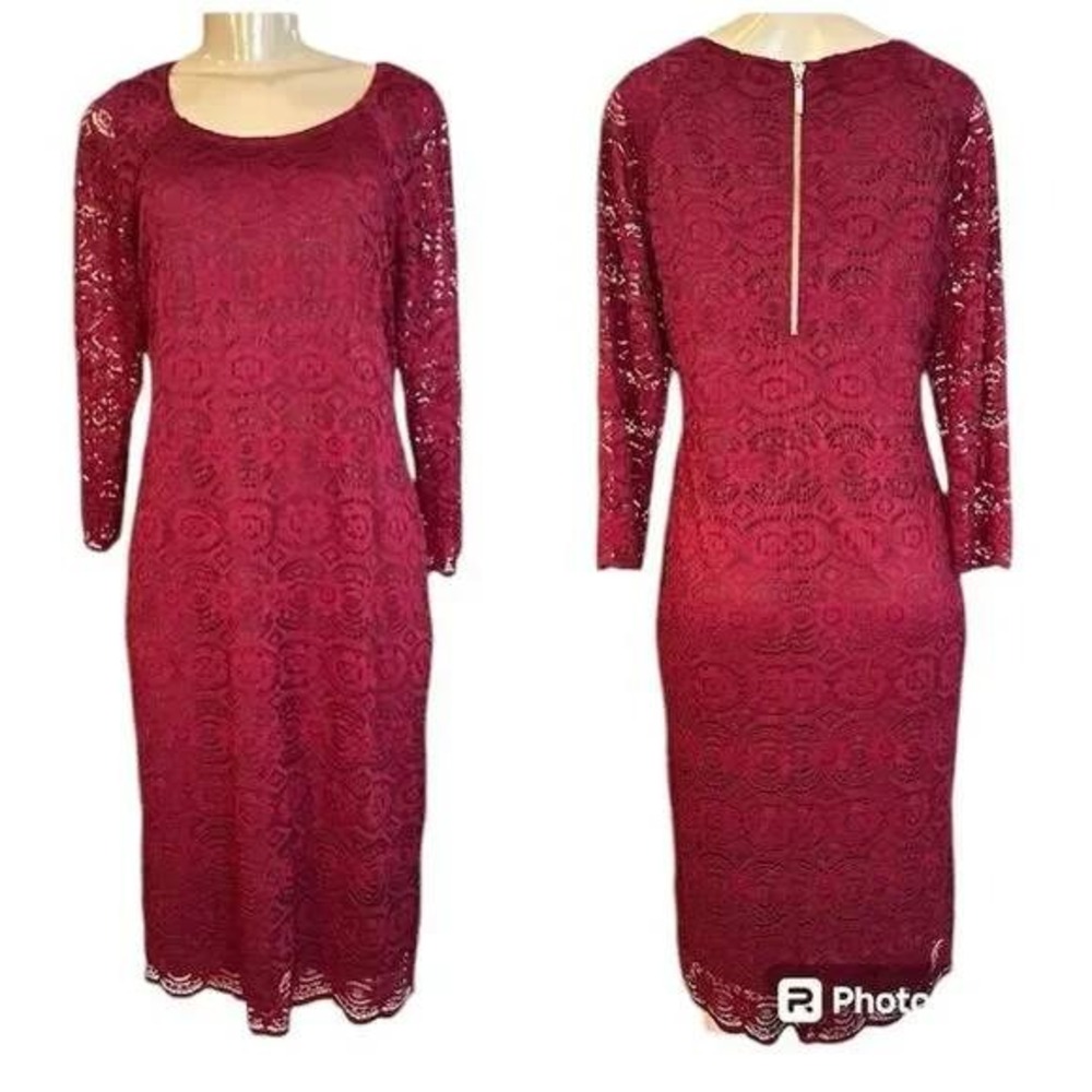 Liz Claiborne Burgundy Lace Sheath Dress Womens 12 3/4 Sleeve Midi Wine Red